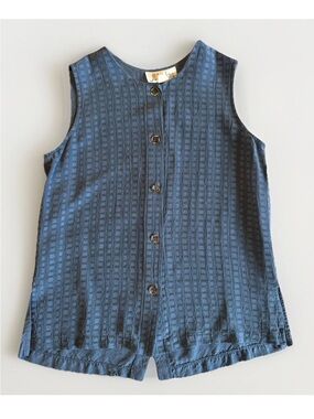 Vintage Illusion Bemberg Rayon Vest Top Blue Grid Button Back Made‎ in USA M